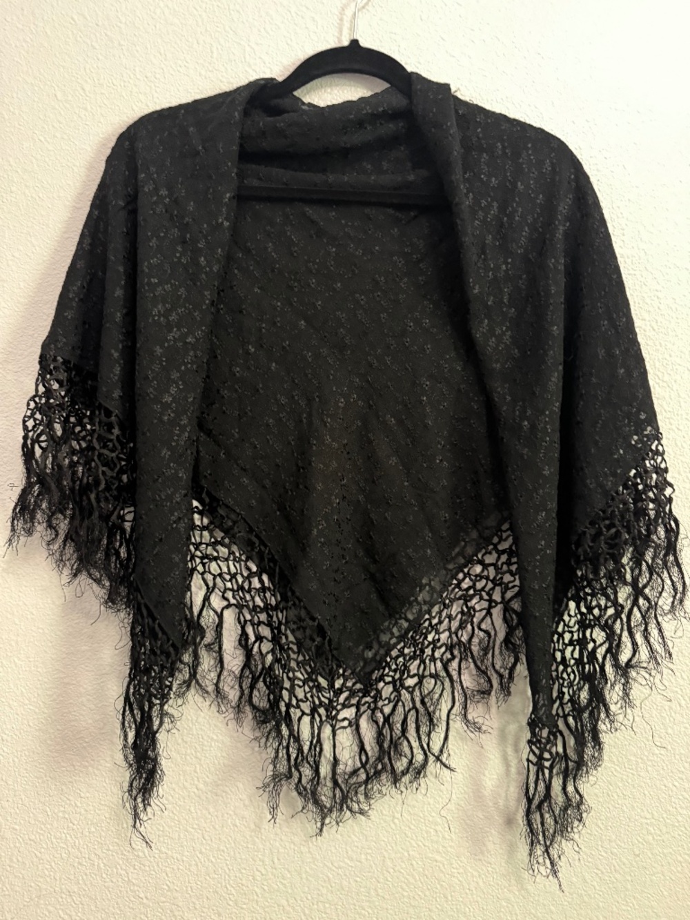 Square black shawl with embroidery and fringe